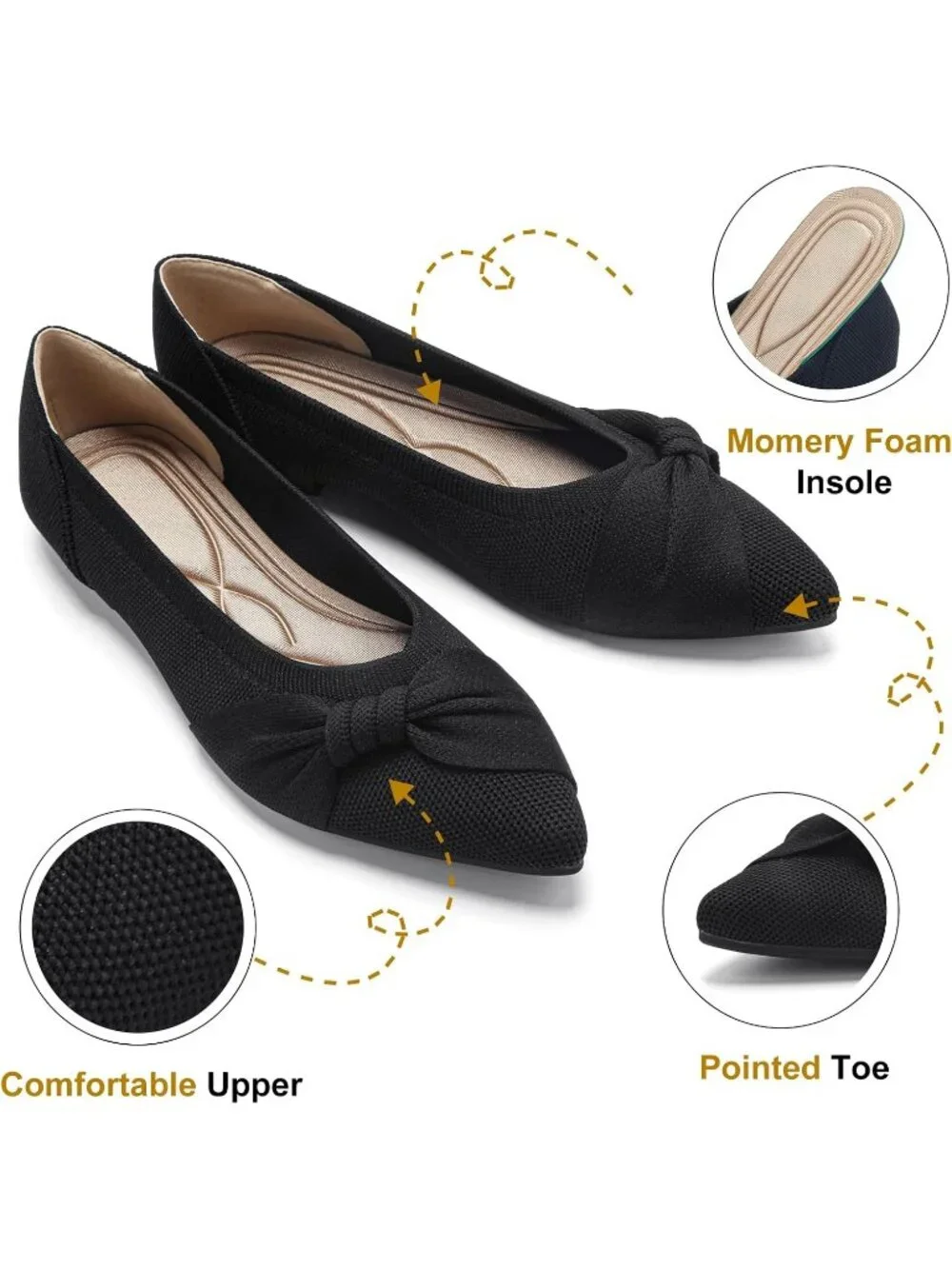 Women's Black Mesh Comfortable Ballet Flats Pointed Toe Lightweight Casual Shoes